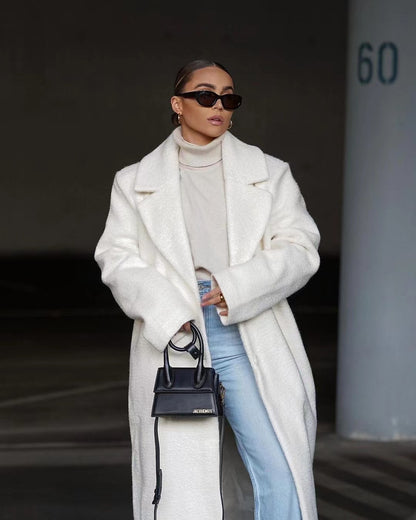 Women Long Fleece Coat Lapel Winter Warm Jacket