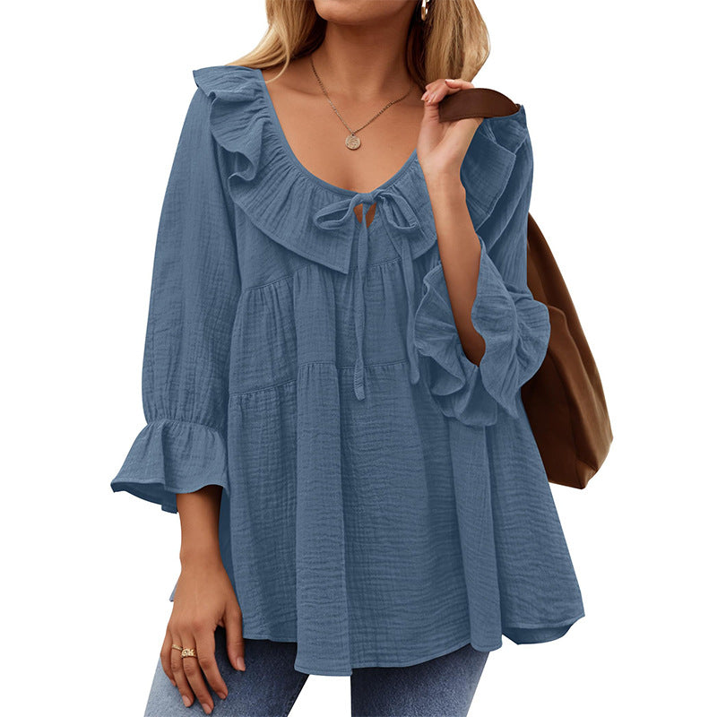 Women's Boho Ruffled Tie Front Tiered Bell Sleeve Top