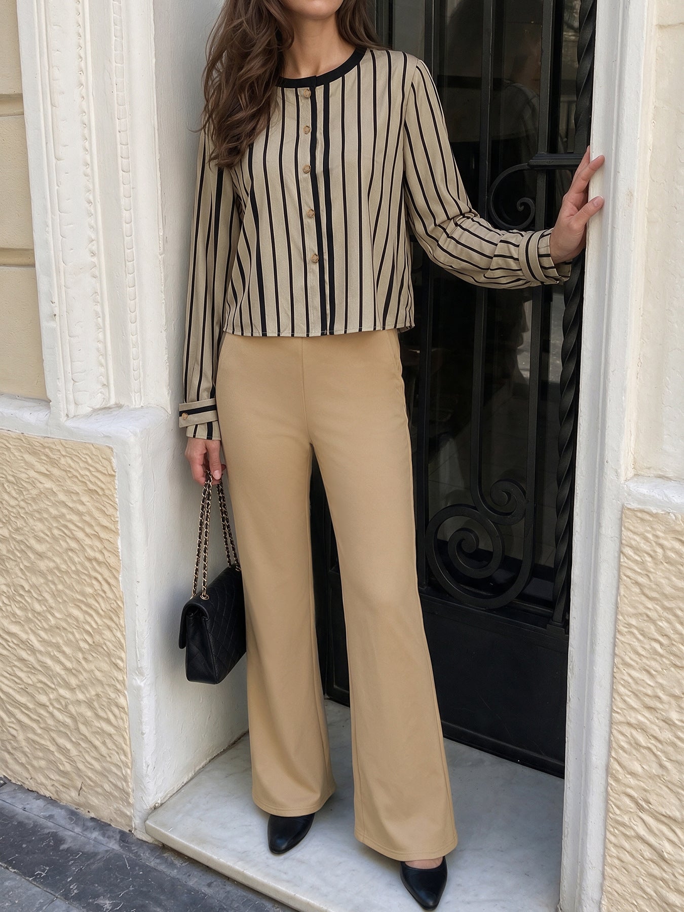 Women Striped Workwear Set Long Sleeve Top Flare Pants