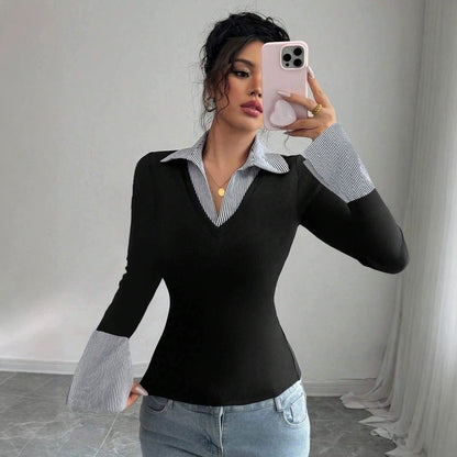 Faux Layered Collared Knit Top V Neck Long Sleeve Tee