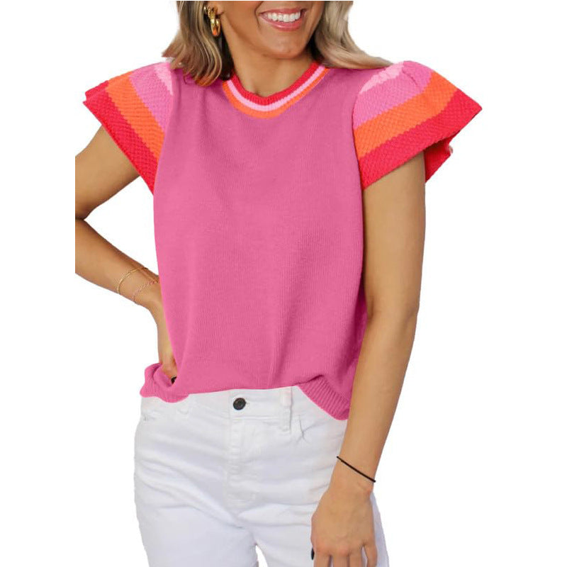 Colorblock Knit Short-Sleeve Sweater