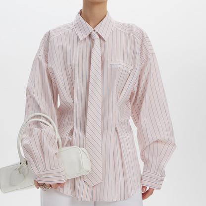 Women's Striped Tie-Neck Long Sleeve Button Down Blouse