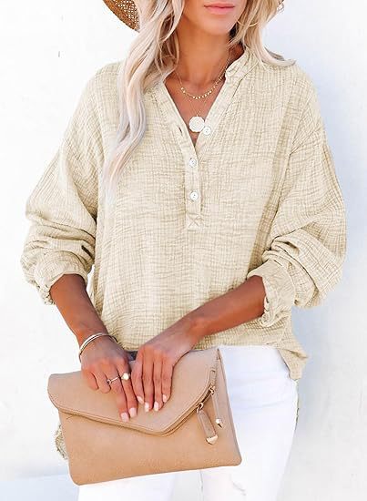 Womens Cotton Textured Long Sleeve Button Blouse
