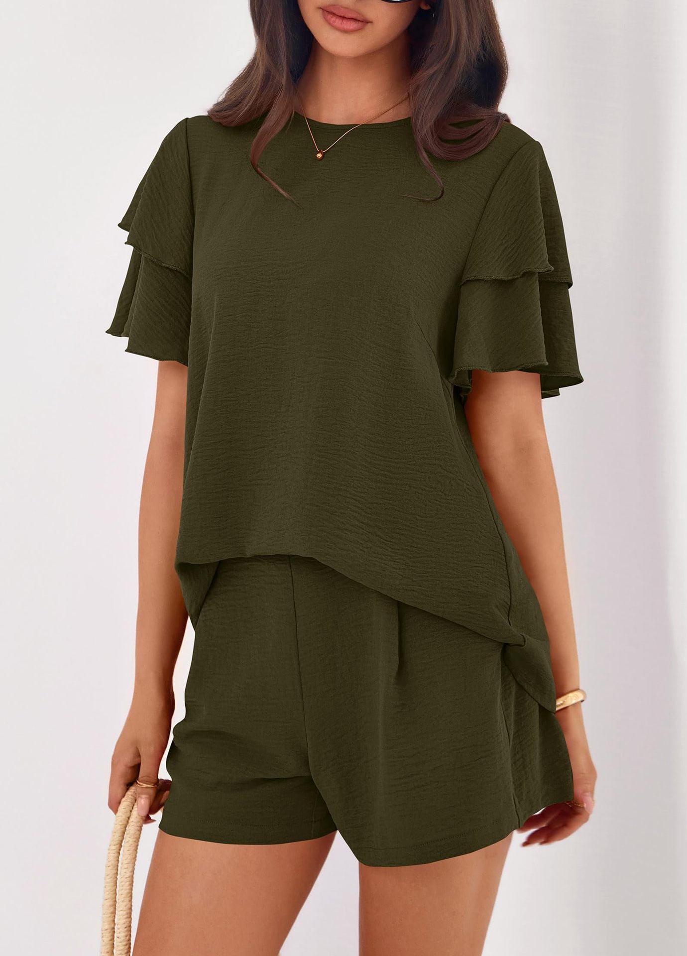 Solid Lounge Set Ruffle Sleeve Top Shorts 2 Piece Set