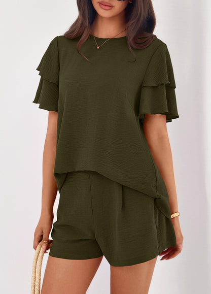 Solid Lounge Set Ruffle Sleeve Top Shorts 2 Piece Set