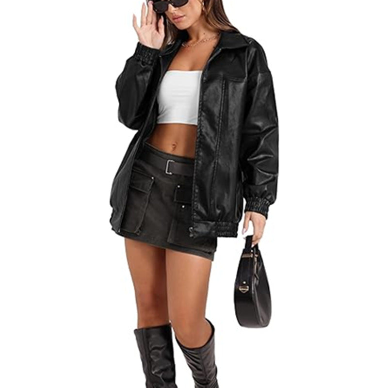 Women's Oversized Faux Leather Jacket Zip Up Collared