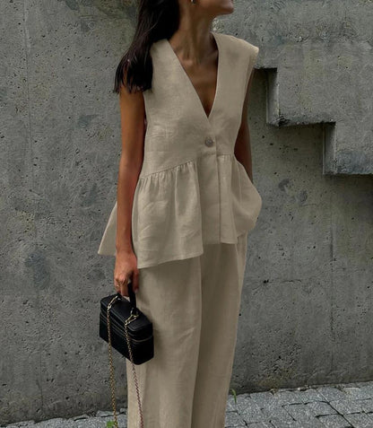 Women's Two Piece V-Neck Vest Pants Set Sleeveless Solid