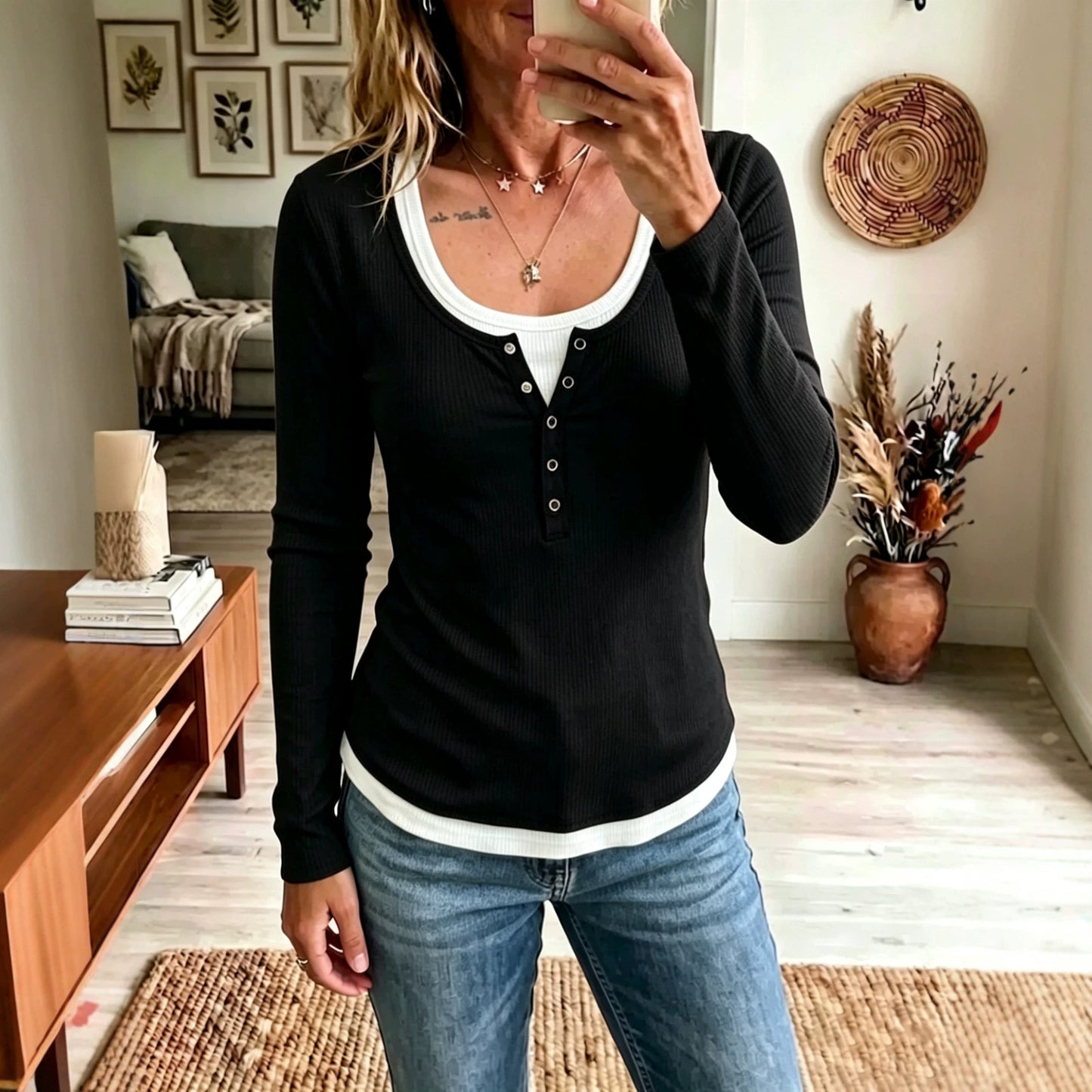 Contrast Layered Long Sleeve Top for Women