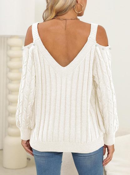 Women's Deep V Sexy Off-the-shoulder Beaded Loose Bottoming Shirt