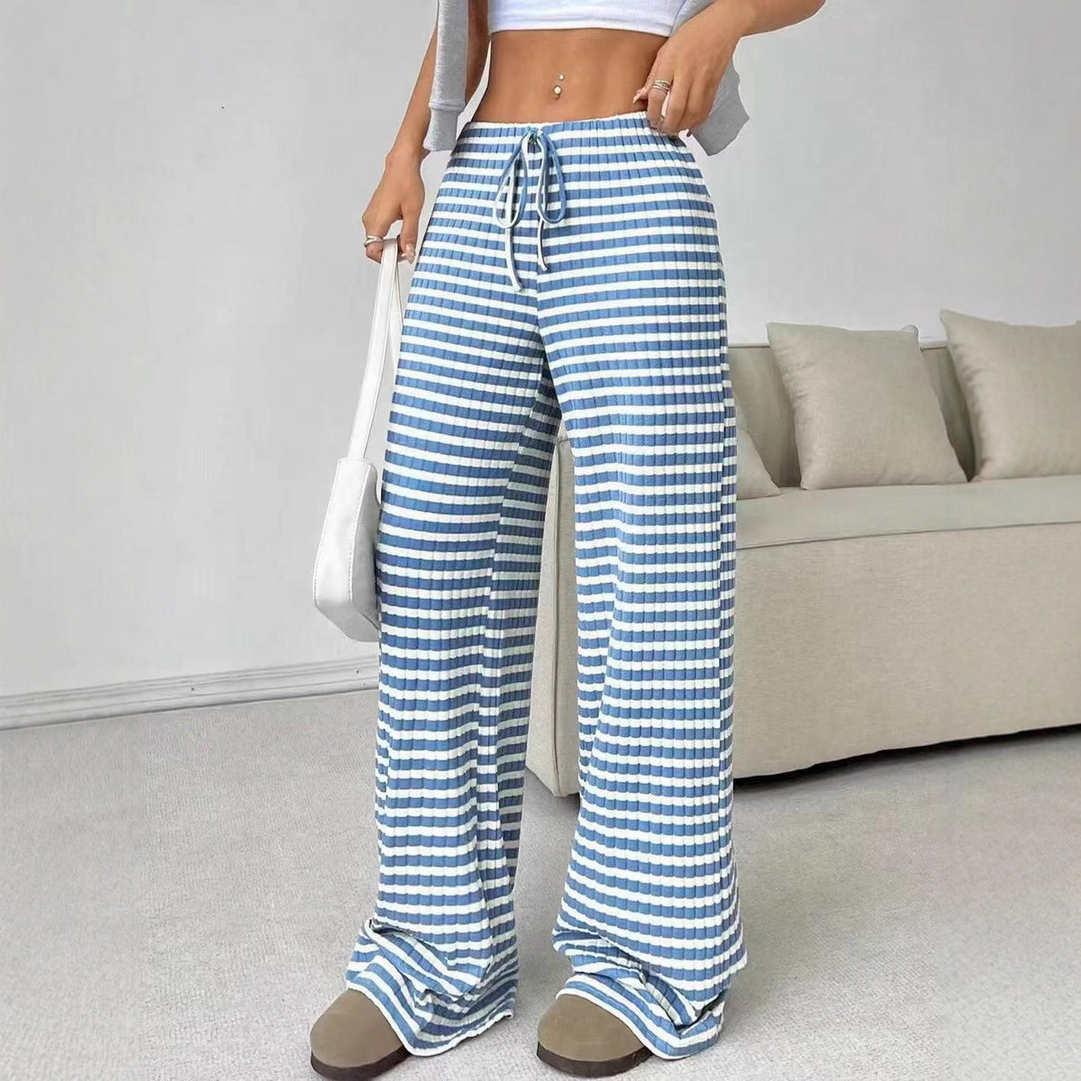 Women's Striped Wide Leg Drawstring Lounge Pants
