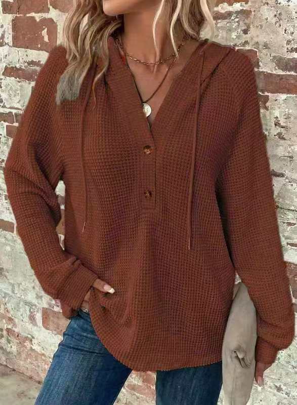 Women's Oversized Waffle Knit Hoodie V Neck Button Pullover