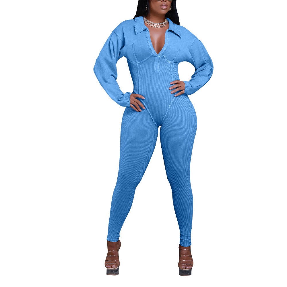 Sexy Ribbed Long Sleeve Zip Up Bodycon Jumpsuit