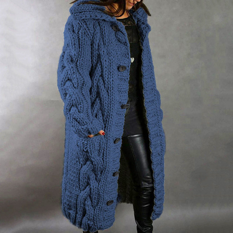Women's Chunky Cable Knit Hooded Long Cardigan Plus Size
