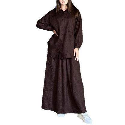 Plus Size Cotton Linen Button Shirt Long Skirt Set