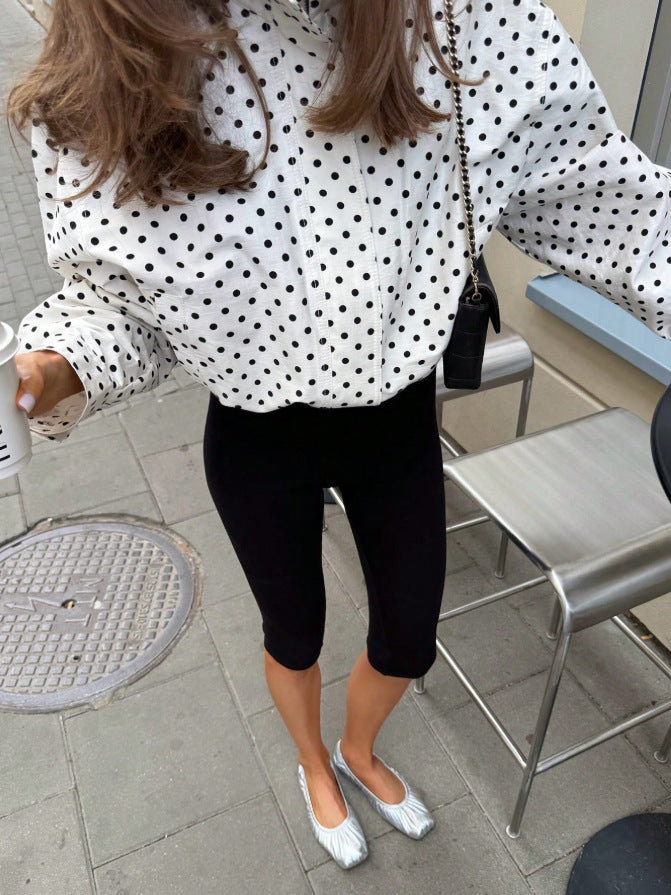 Polka Dot Zip Jacket Stand Collar Pocket Loose Coat