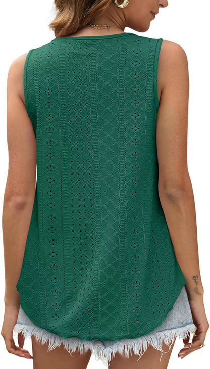 Eyelet Knit Tank Top Sleeveless Loose Fit Summer Top