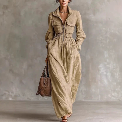 Zip Front Collared Maxi Dress Long Sleeve Elastic Waist