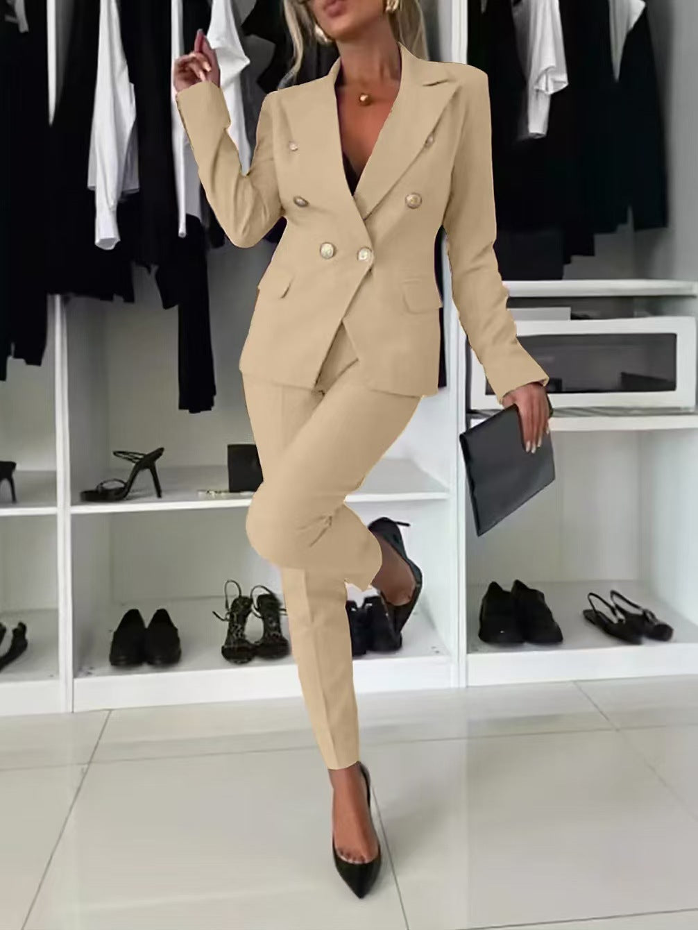 Women's Solid Blazer & Pants 2 Piece Business Casual Set