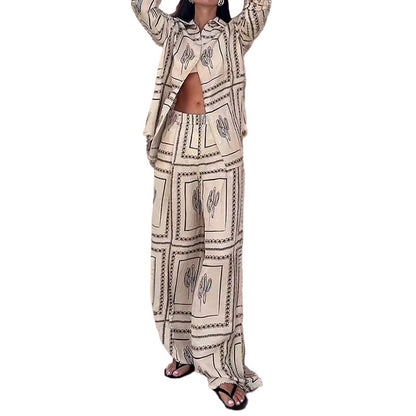 Boho Printed Button Down Shirt Wide Leg Pants Matching Set