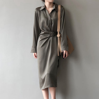Women's Satin Long Sleeve Maxi Shirt Dress