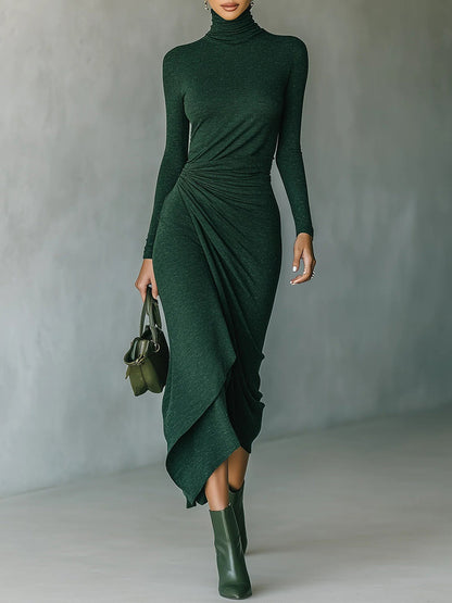 Turtleneck Long Sleeve Ruched Asymmetrical Midi Dress