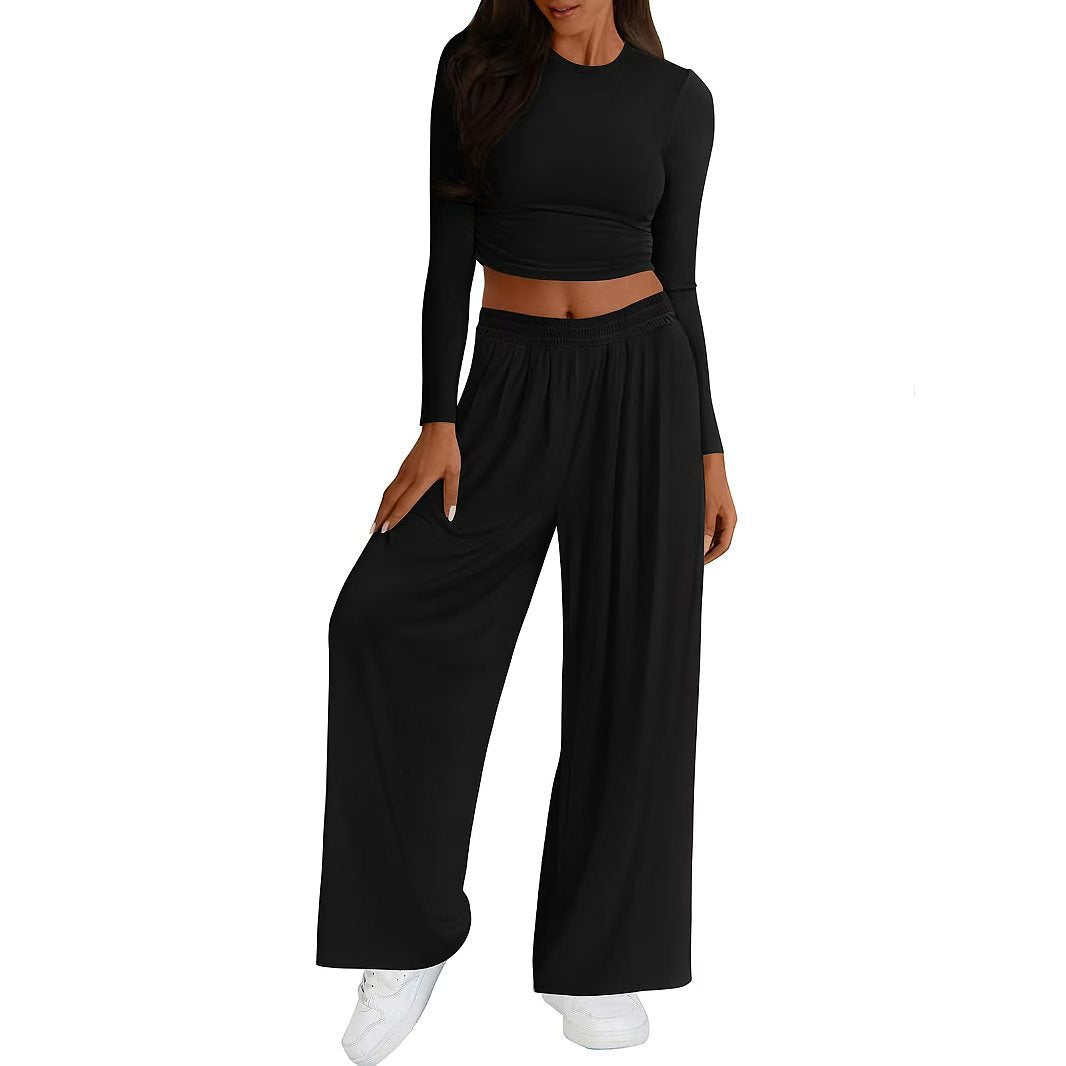 Womens Modal Crop Top Wide Leg Pants Two Piece Lounge Set