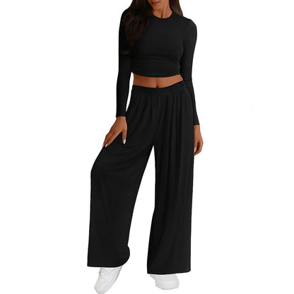Womens Modal Crop Top Wide Leg Pants Two Piece Lounge Set
