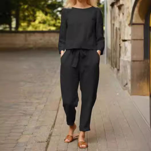 Women's Linen Blend Two Piece Set Long Sleeve Top & Pants