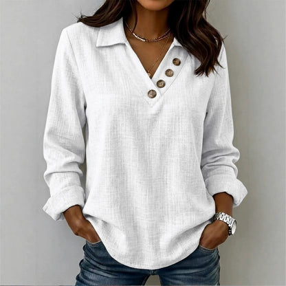 Women's Collared V-Neck Button Long Sleeve Casual Blouse