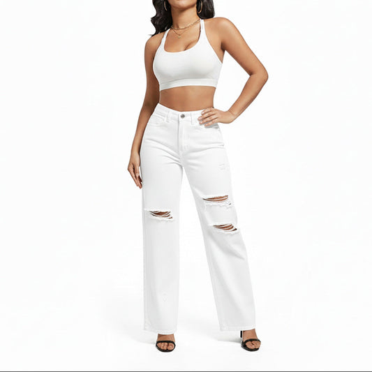 High Waist Distressed Straight Leg White Denim Jeans