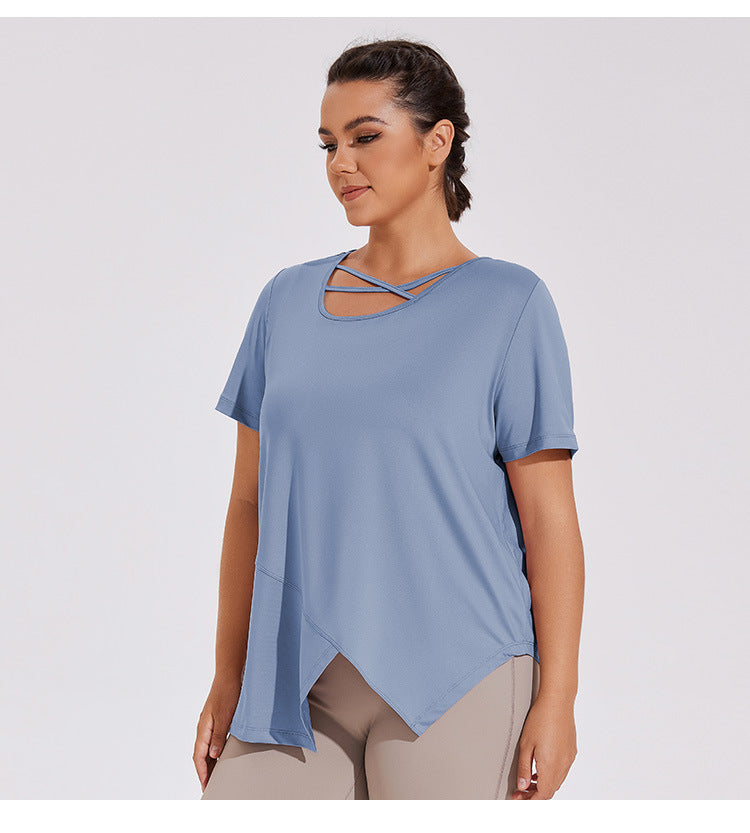 Plus Size Irregular Cross-neck Yoga Quick-drying Short-sleeved T-shirt Elastic Fitness Clothes