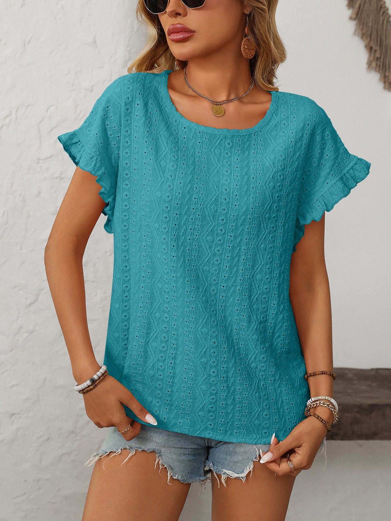 Women’s Eyelet Knit Crewneck Ruffle Sleeve Summer Top