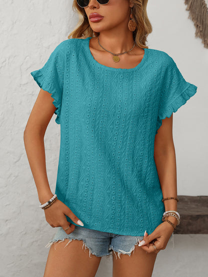 Women’s Eyelet Knit Crewneck Ruffle Sleeve Summer Top