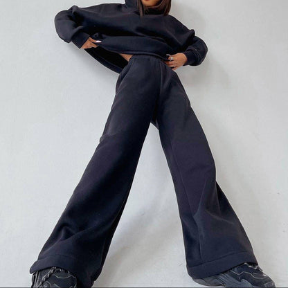 Women's Fleece Hoodie Wide Leg Pants Matching Set