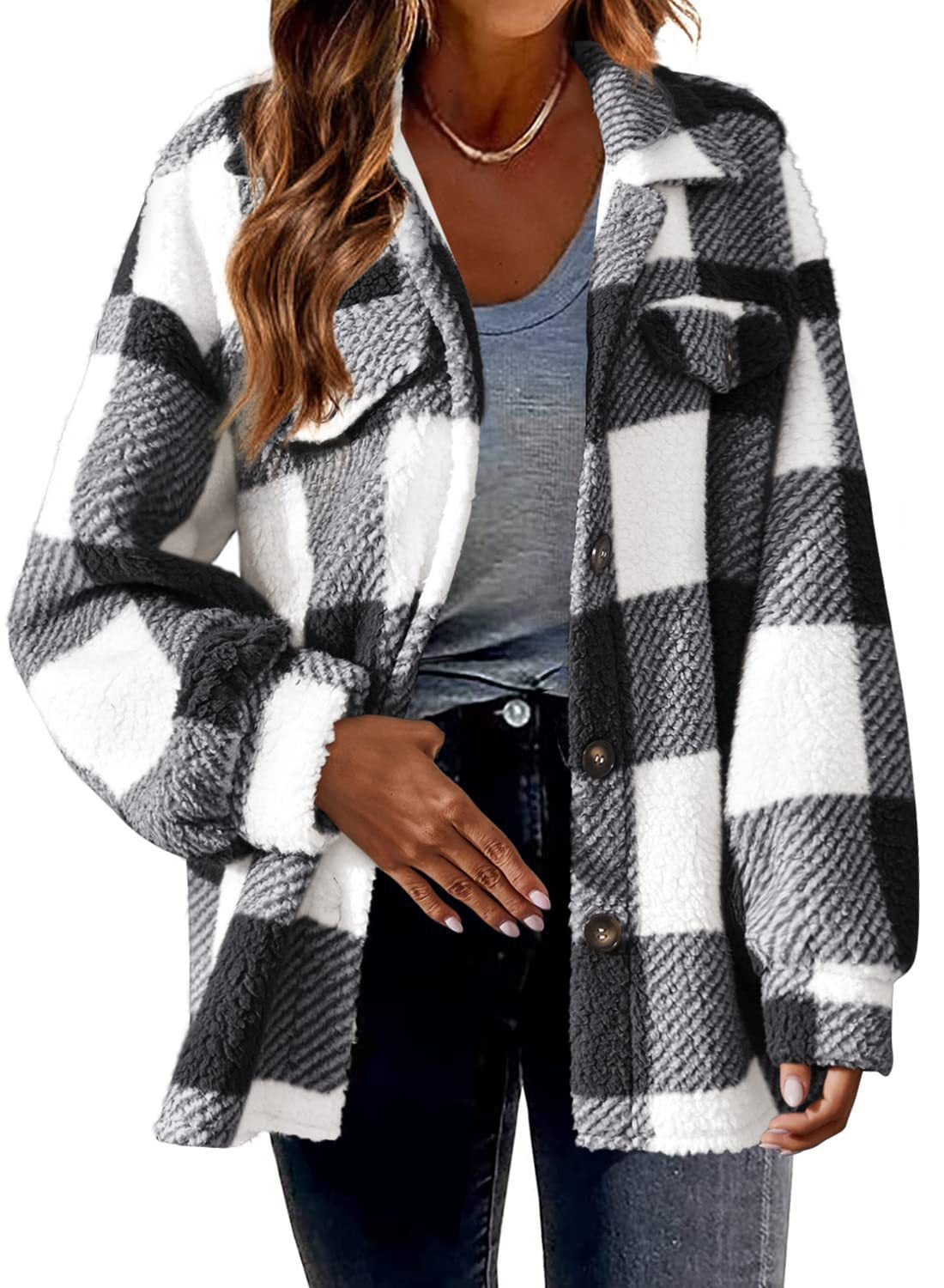 Women's Oversized Plaid Sherpa Shacket Jacket Pockets