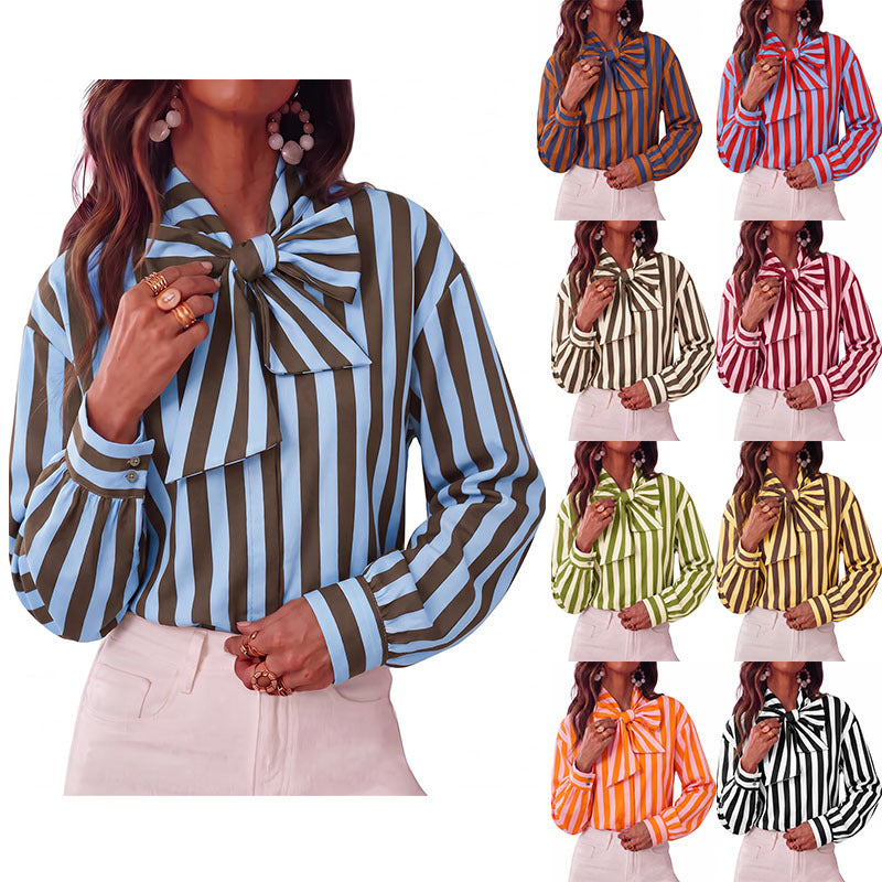 Women's Striped Tie Neck Long Sleeve Blouse Casual
