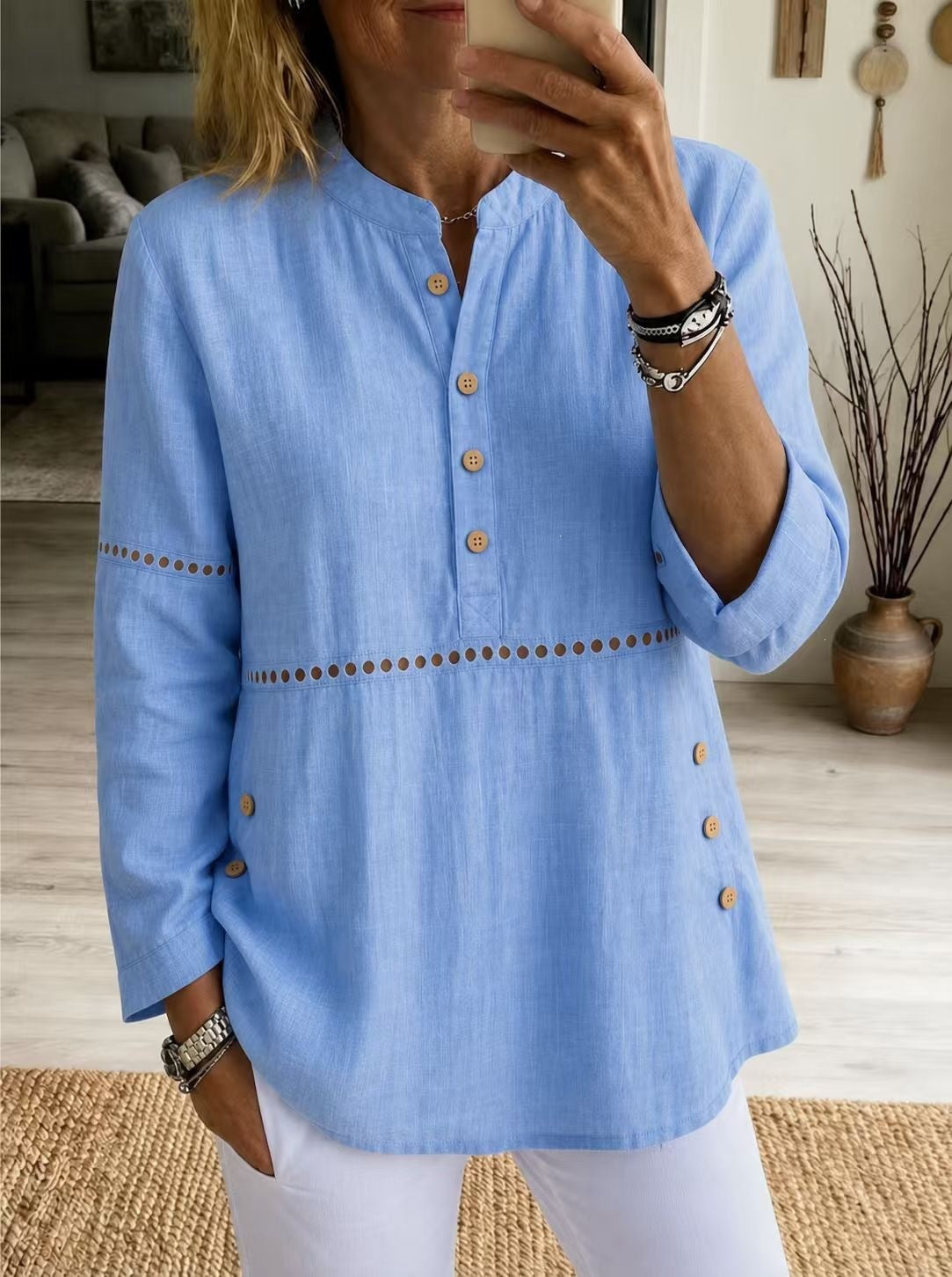 Women Cotton Eyelet Tunic Long Sleeve Side Button Loose Top
