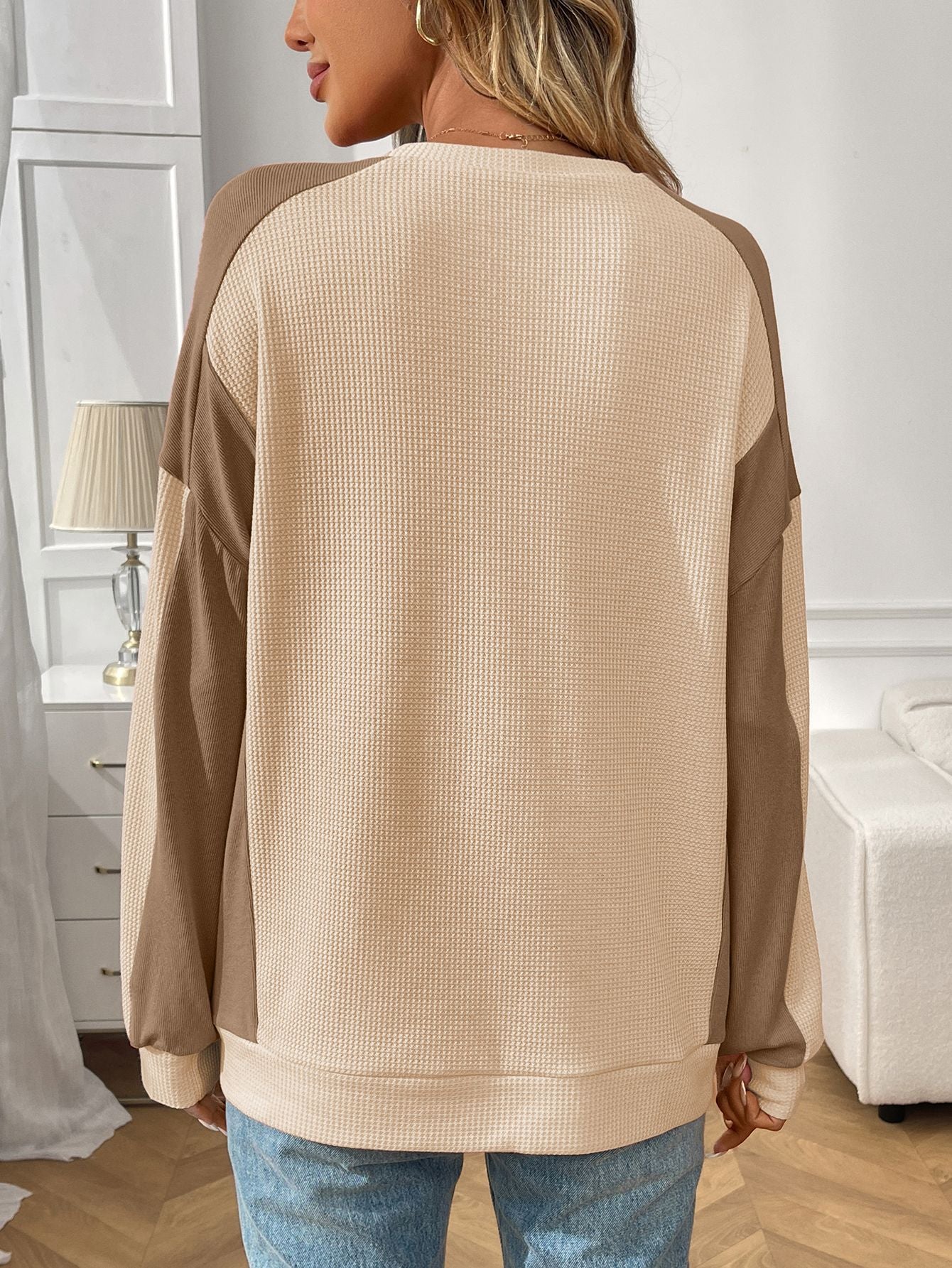 Color Block Waffle Knit Long Sleeve Pullover Top