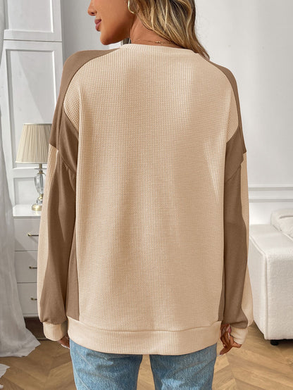 Color Block Waffle Knit Long Sleeve Pullover Top