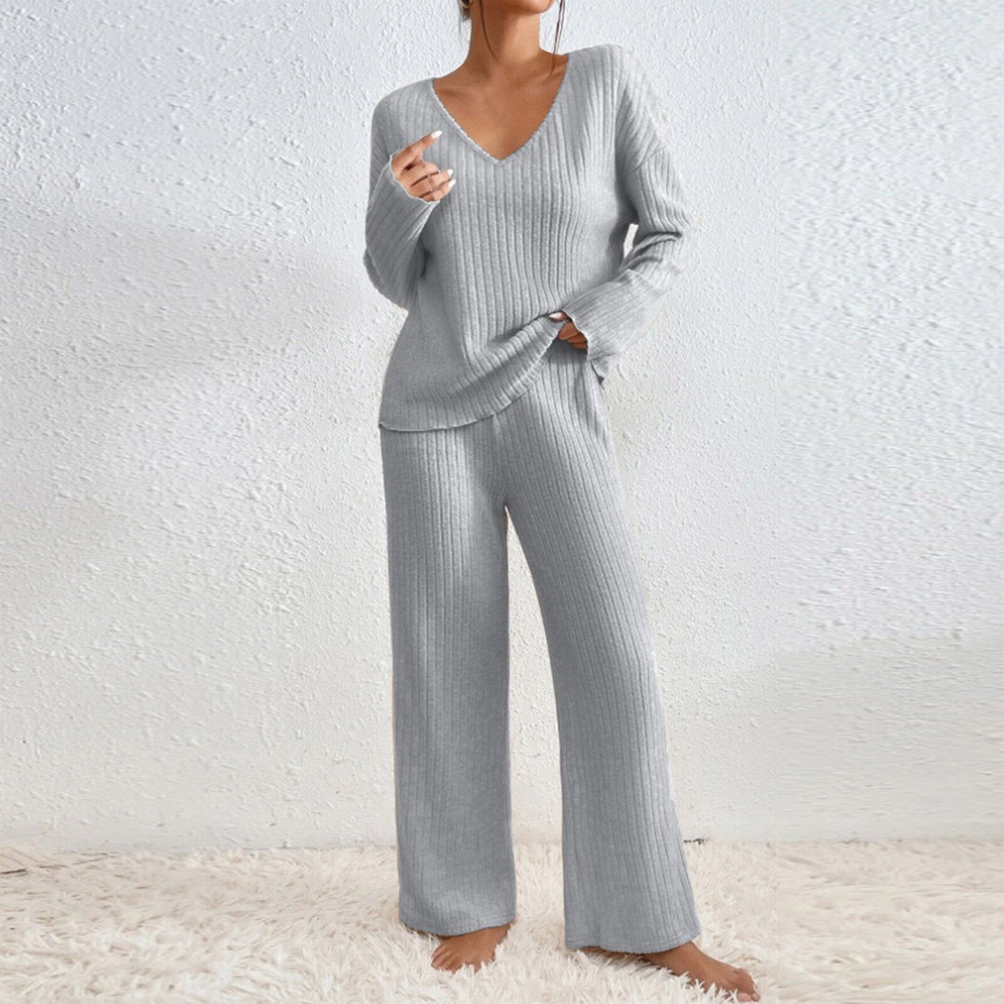 Women's Ribbed Knit Wide Leg Pants Two Piece Lounge Set
