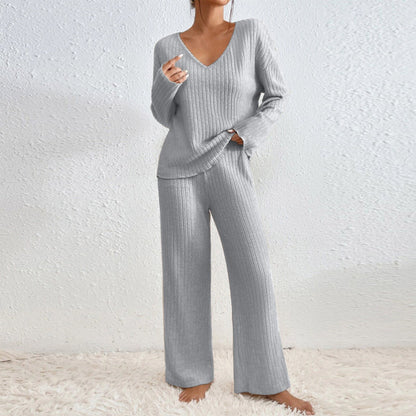 Women's Ribbed Knit Wide Leg Pants Two Piece Lounge Set