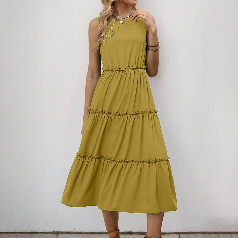 Sleeveless Ruffle Dress High Waist Elegant Midi