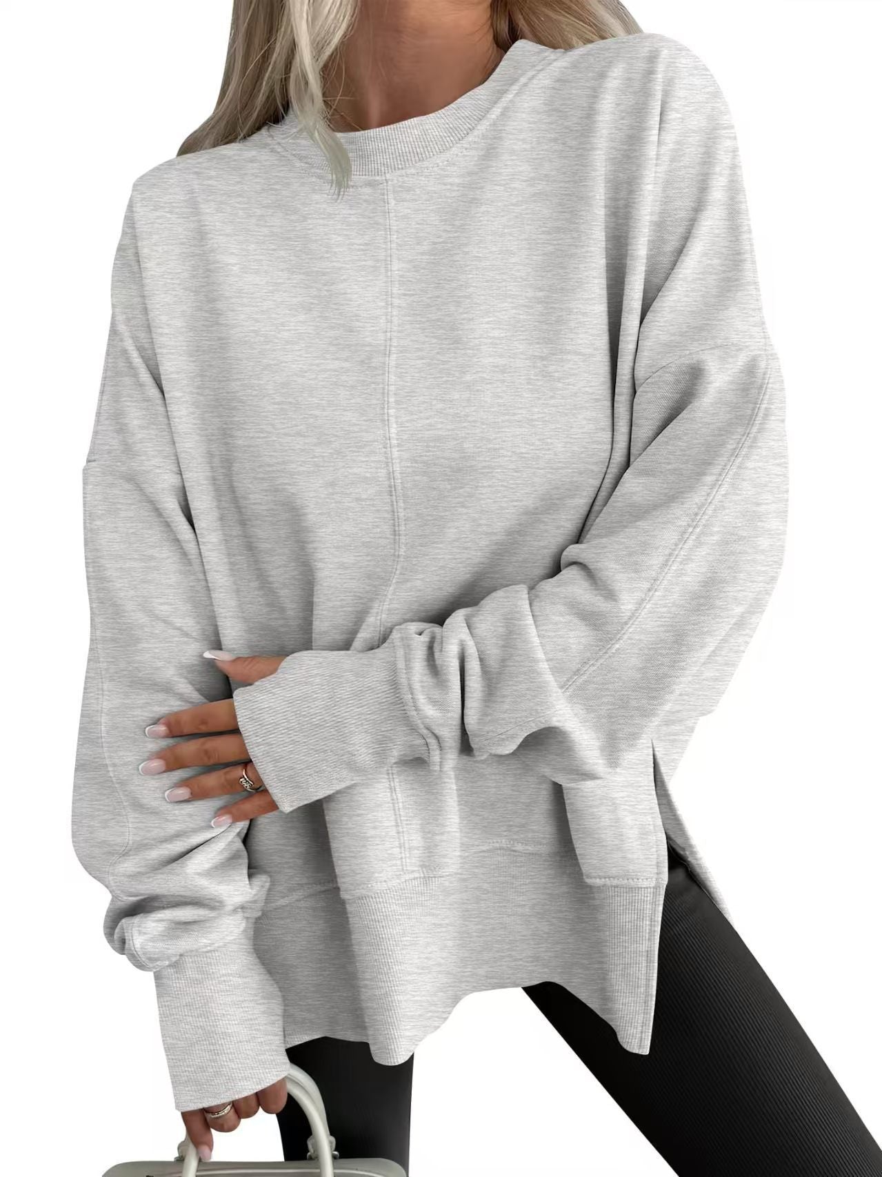 Oversized Crewneck Sweatshirt Batwing Side Slit Fleece
