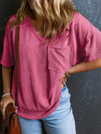 Women’s Ribbed V Neck Short Sleeve Pocket Tee
