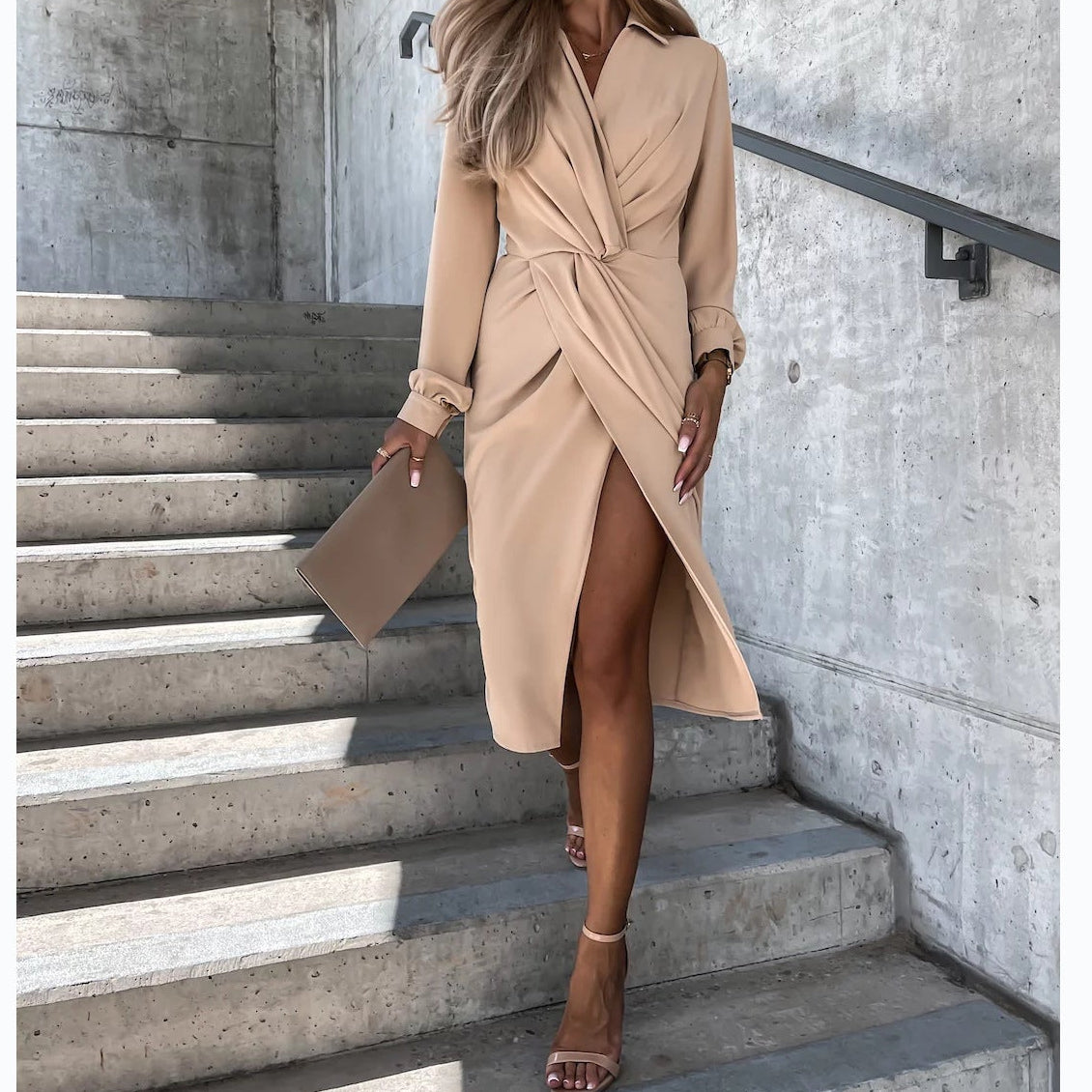 Women's Long Sleeve V Neck Wrap Midi Shirt Dress