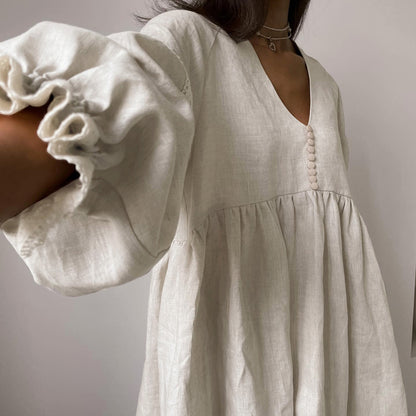 Cotton Linen V Neck Puff Sleeve A-Line Dress