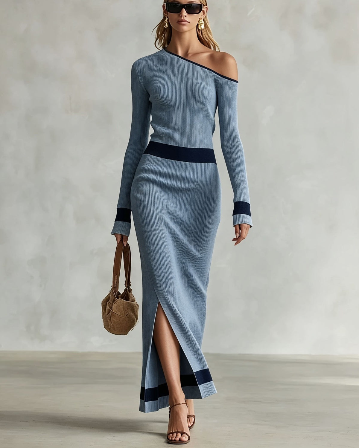 One Shoulder Colorblock Ribbed Knit Maxi Slit Dress