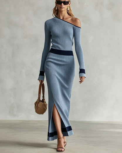 One Shoulder Colorblock Ribbed Knit Maxi Slit Dress