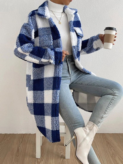 Women's Plaid Sherpa Fleece Long Coat Collared Jacket