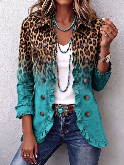 Women's Leopard Ruffle Button Down Long Sleeve Cardigan